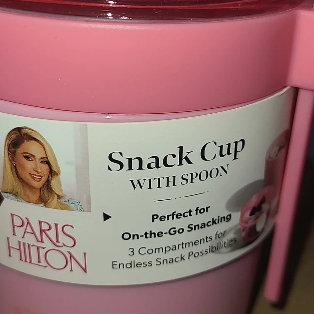 Paris Hilton Pink Portable Snack Cup with Attached Spoon